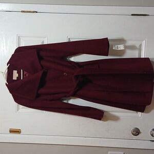 NWT Michael Kors Knee-length Burgundy Button/waist tie  Peacoat. Size 10.